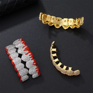 Hip Hop Copper Zirconia Teeth Grillz Gold Silver Plated Red Drip Oil Effect Fashion Body Jewelry For Men Women Gift