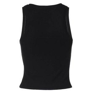 Detail view of the black ribbed knit fabric and racerback design of this stylish tank top