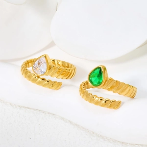 Water drop titanium steel adjustable ring with teardrop gemstone in gold vintage style