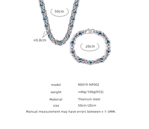 Detailed size chart of titanium steel Byzantine chain necklace and bracelet set