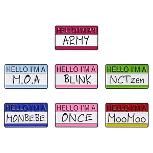 Set of 7 colorful enamel name tag pins featuring different K-pop fandom letter designs