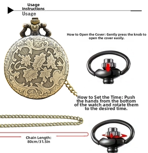 Retro bronze pocket watch details showing how to open the cover and set the time