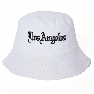 White cotton bucket hat with black Los Angeles embroidery and minimalist street style