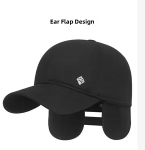Close-up of black wool winter baseball cap showing unfolded earflaps for cold protection