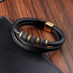 Multi Layer Braided Leather Bracelet With Stainless Steel Magnetic Clasp Woven Cord Wristband For Men Stylish