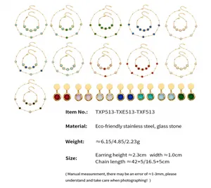 Detailed view of 18k gold plated stainless steel jewelry set with multi-colored glass stones