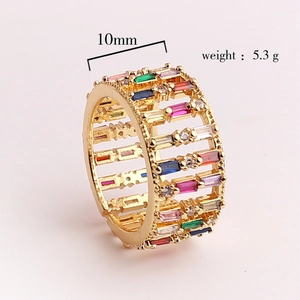 Macro detail of rainbow zircon wide ring with 10mm width and 5.3g weight specifications