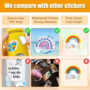 Infographic showing waterproof PVC vinyl stickers with strong adhesive and vivid colors