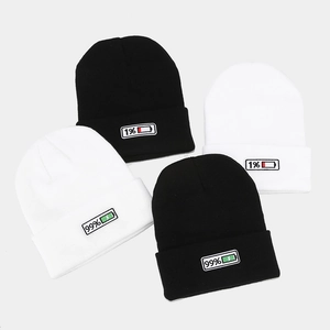Black and white knit beanies with creative 1% and 99% battery percentage embroidery