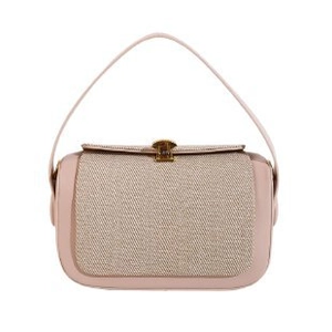Pink woven texture top handle crossbody bag with gold hardware on white background