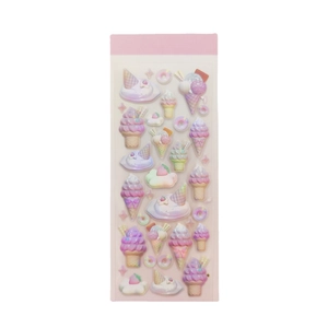 3D embossed cartoon ice cream stickers with glitter finish on a clean white background