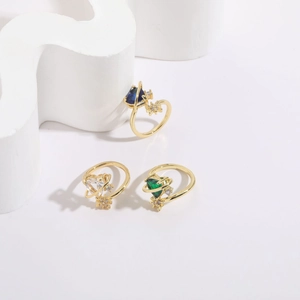Minimalist 14K gold plated open rings with heart-shaped zircon and planetary star motifs