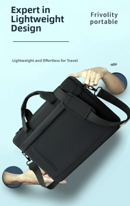 Slim black laptop briefcase with reinforced handle and shoulder strap on blue background