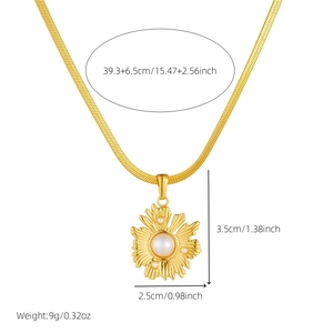 Golden blade chain necklace with irregular sunflower pearl pendant on white background