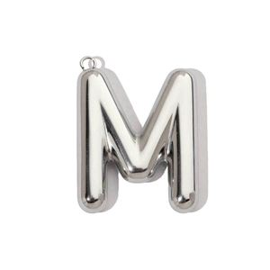 Close-up of a silver 3D bubble initial M pendant with a mirror-polished finish