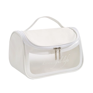 White PVC makeup bag with dual zippers and 'Beautiful life' print on clear window