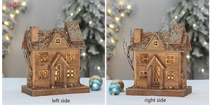 Dual-angle view of vintage wooden Christmas house with sequins and warm LED lights