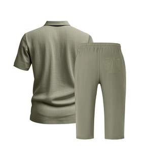 Back view of men's olive green linen polo shirt and cropped pants set on white background