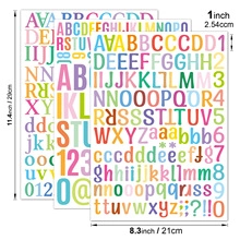 Detail view of 1-inch colorful alphabet and number stickers with size measurements