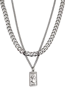 Double-layered stainless steel Cuban chain necklace with an engraved square Venus pendant
