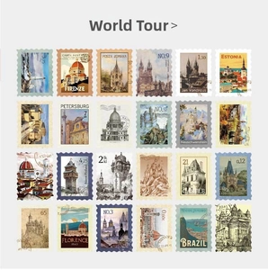 Matrix display of 24 vintage stamp stickers featuring world landmarks and architecture