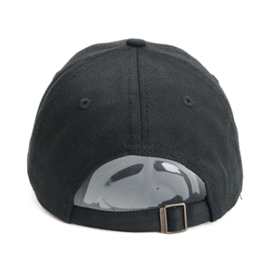 Back view of black camo baseball cap with cotton twill and bronze metal buckle