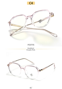 Detail view of TR90 glasses frames in gradient purple-pink with metallic temple arms
