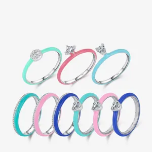 Bague En Argent Sterling 925 Pour Femmes Émail Coloré Zircon Incrusté Cœur Forme Géométrique Accessoire De Mode Empilable