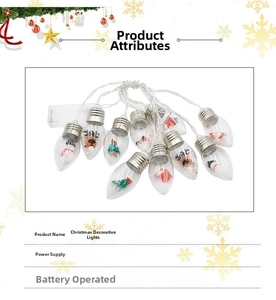 Detail of LED Christmas string lights with micro snowman and reindeer inside bulbs