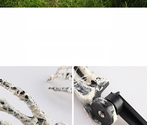 Macro detail of Halloween skeleton hand stake with warm LED string lights for garden decor