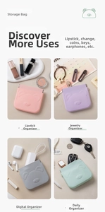 Multi-scene view of cute cartoon bear embossed silicone storage bags in four soft colors