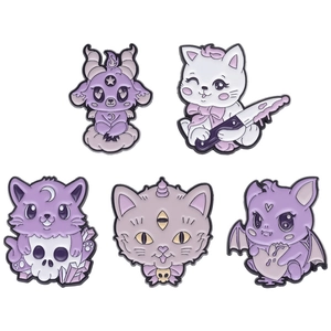Set of 5 creepy cute purple cat and animal enamel pins for clothes and bags