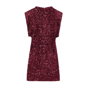 Sparkling burgundy sleeveless sequin mini dress with a round neck on white background