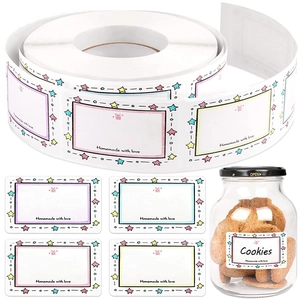 Waterproof rectangular labels for jars featuring colorful stars and homemade print