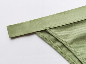 Macro detail of light green ribbed cotton thong showing elastic waistband and stitching