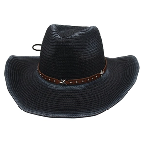 Black woven cowboy sun hat with star studded brown band and classic upturned brim