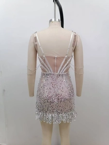 Detail of the pink sequin dress showing mesh patchwork and hidden zipper on the back