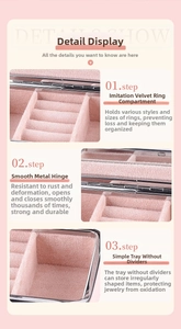 Detailansicht der Samtringschlitze und Metallscharniere in einer rosa Schmuckbox