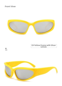 Front and side views of Y2K yellow athletic sunglasses with reflective silver lenses