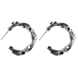 Industrial style gunmetal C-shape hoop earrings with geometric block texture design