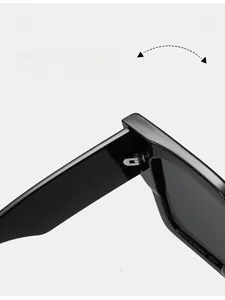 Close-up of the durable silver metal hinge on polished black square frame sunglasses