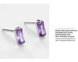 Macro detail of S925 sterling silver stamp on minimalist rectangular purple zircon earrings