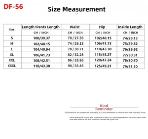 Detailed size chart for men streetwear sport pants showing waist and length measurements