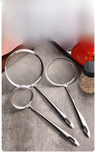 Detailed set of three stainless steel fine mesh strainers with long handles for kitchen use