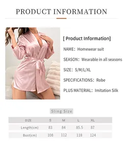 Detailed size chart for pink imitation silk lace-up bathrobe showing S to XL dimensions