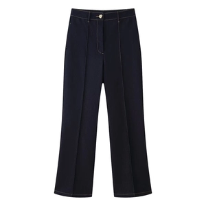 Pantalon bleu foncé à taille haute et jambe large avec plis centraux et bouton doré
