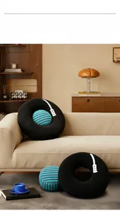 Artistic close-up of a vinyl record plush pillow on a sofa with vintage decor