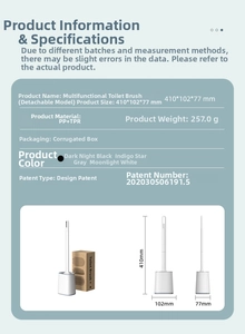 Macro view of multi-functional TPR toilet brush with detachable handle and dimensions