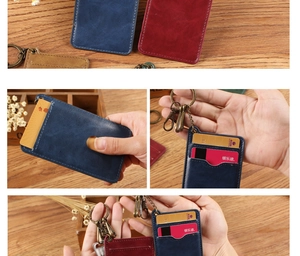 Details von Vintage-Lederkartenhaltern in verschiedenen Farben mit Metall-Schlüsselring