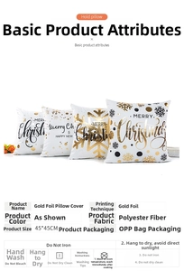 Close-up of four white Christmas pillowcases with gold Merry Christmas lettering